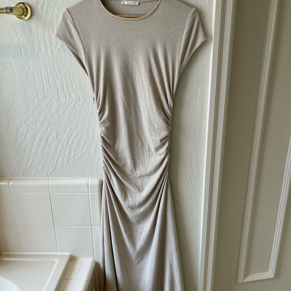 Zara Neutral Ruched Midi Dress - Elegant Everyday Style transitional fall dress